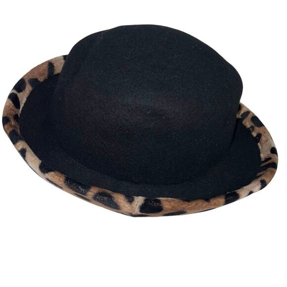 Ladies 100% wool Y2K Bowler felt hat, tan black animal print - Picture 4 of 7